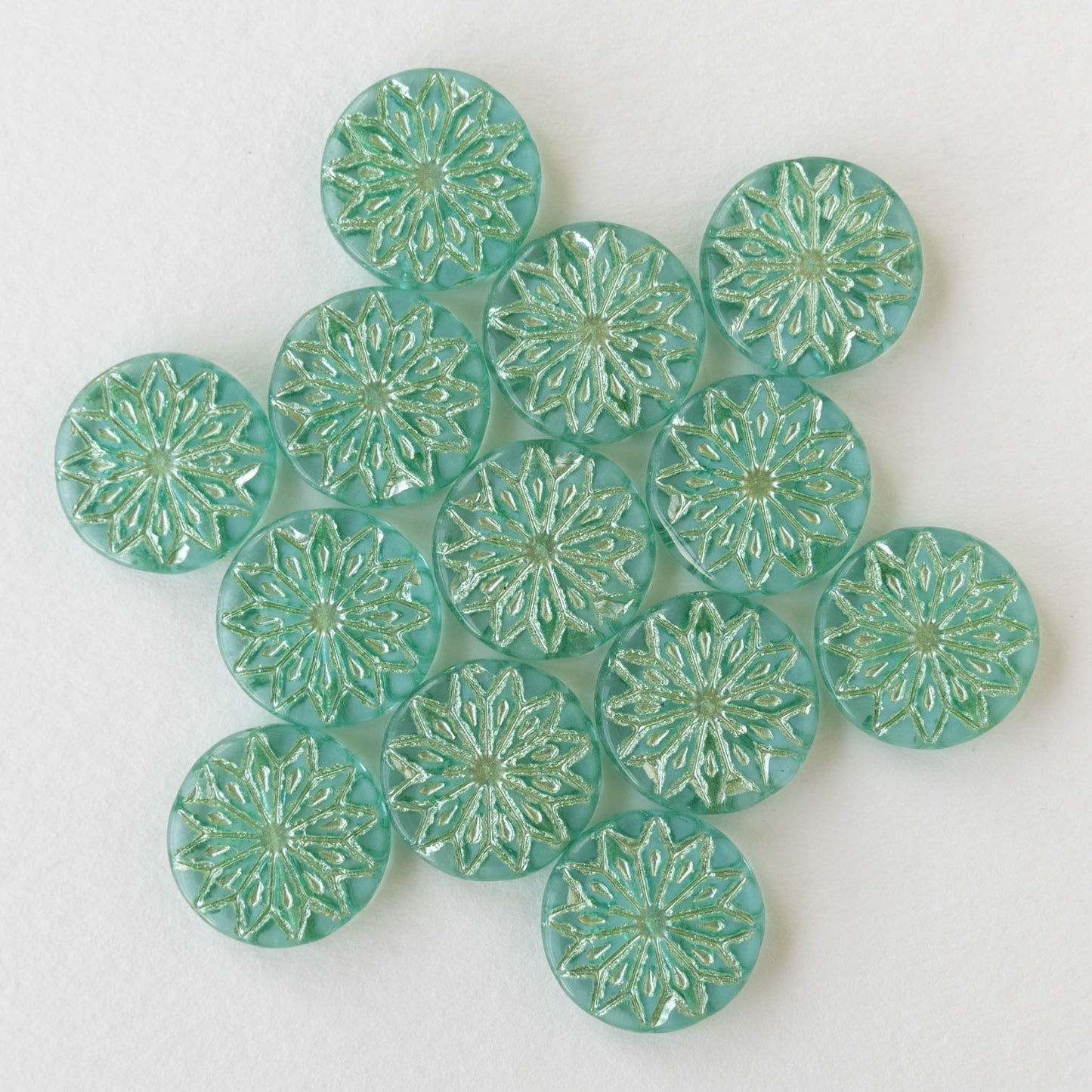 18mm Coin Flower Beads - Light Green with Silver Wash - 6 beads