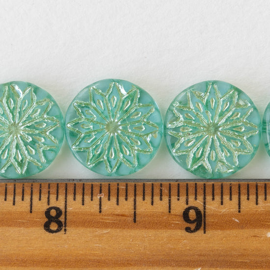 18mm Coin Flower Beads - Light Green with Silver Wash - 6 beads