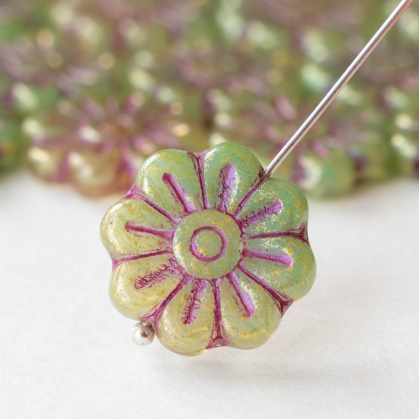 18mm Glass Flower Beads - Green with Gold Dust and Pink Wash - 6 Beads