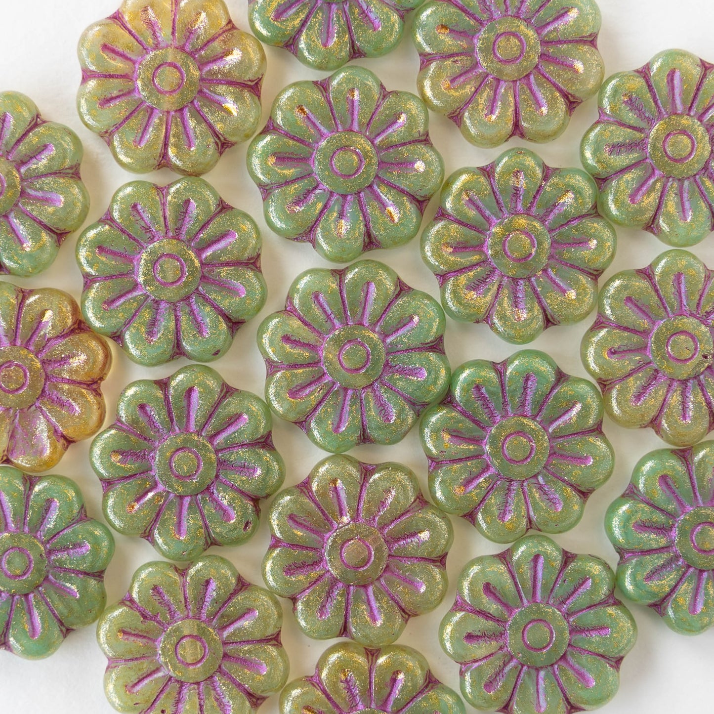 18mm Glass Flower Beads - Green with Gold Dust and Pink Wash - 6 Beads