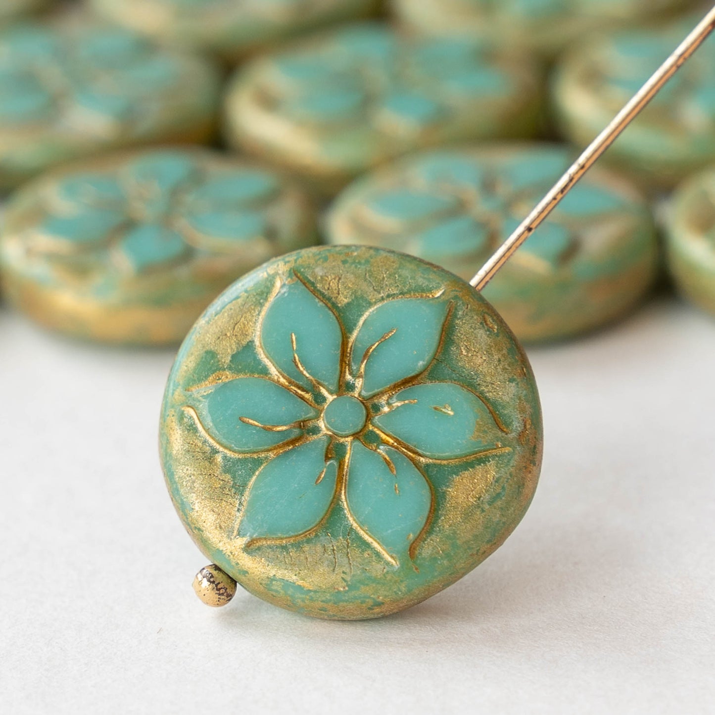 18mm Glass Flower Coin Beads - Opaque Turquoise with Gold Wash - 2 Beads