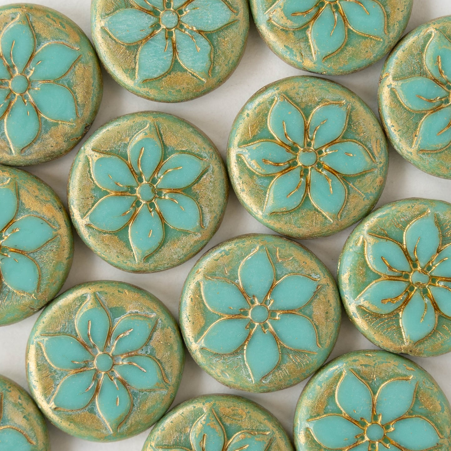 18mm Glass Flower Coin Beads - Opaque Turquoise with Gold Wash - 2 Beads