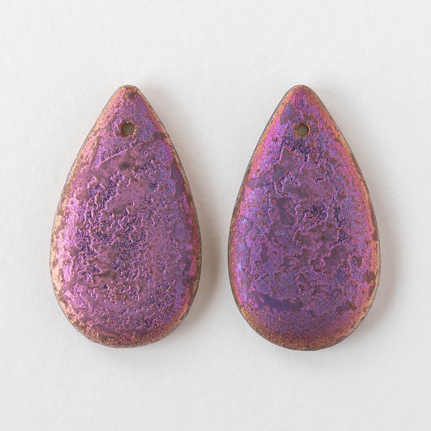 30x18mm Large Flat Glass Teardrop Beads - Etched Pink Iridescent- 10 Beads