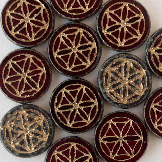 19mm Flower of Life Coin Bead - Red with Gold Wash - 2 beads