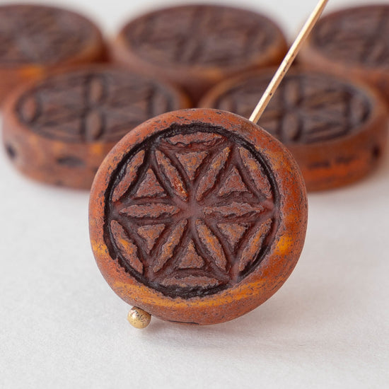 19mm Flower of Life Coin Bead - Terra Cotta Matte with Brown Wash - 2 beads