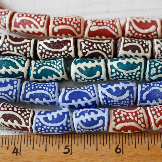 Painted Tube Beads From Ghana Africa - Large Hole - Red - 15 Beads