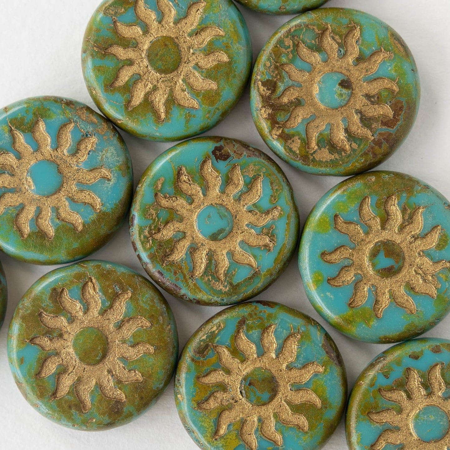 22mm Sun Coin Beads - Opaque Turquoise Picasso - 1 Bead