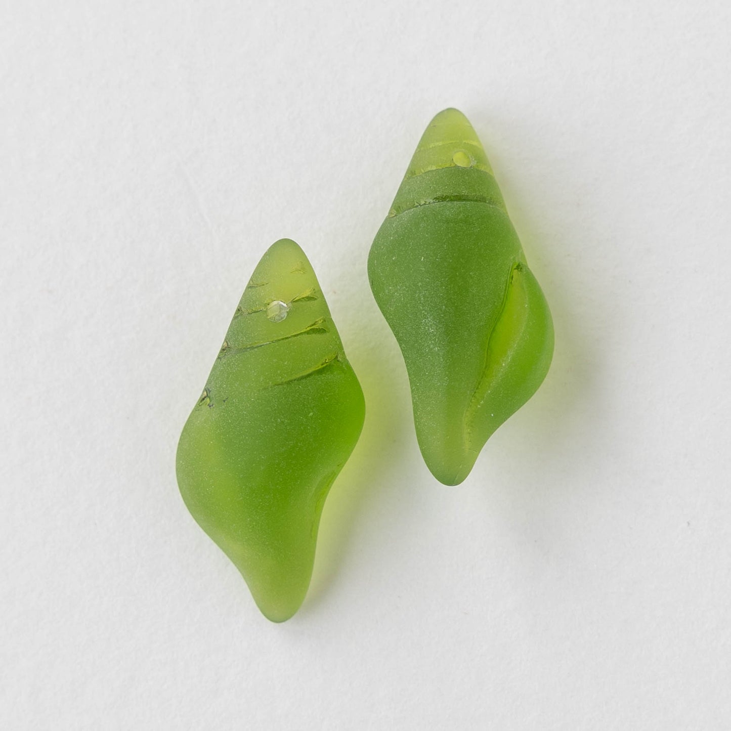 12x26mm Frosted Glass Conch Shell Beads - Olive - 2 Beads