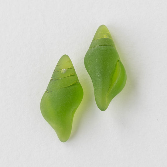 12x26mm Frosted Glass Conch Shell Beads - Olive - 2 Beads