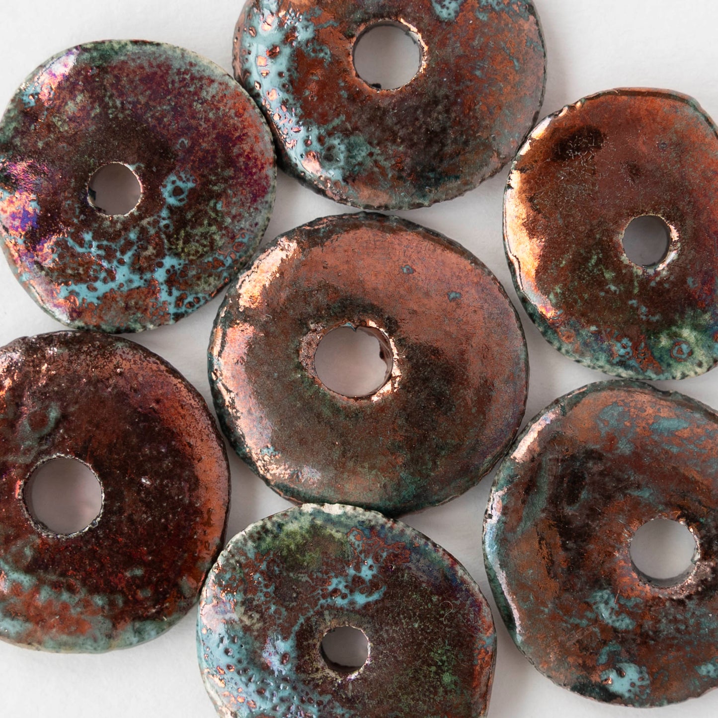 30mm Ceramic Raku Disk Beads - Iridescent Copper Patina - 1, 2, or 4 beads