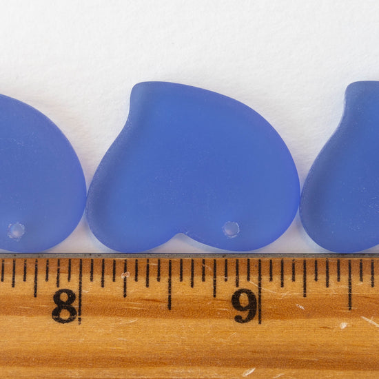 30mm Frosted Glass Hearts -  Sapphire Blue - 2 Beads