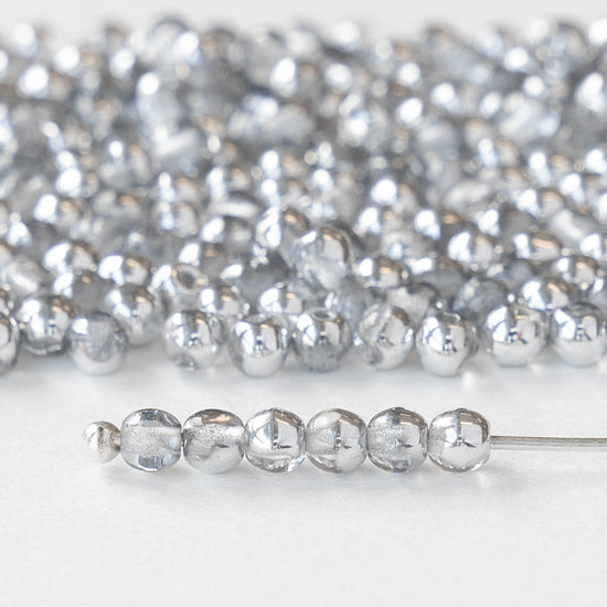 3mm Round Glass Beads - Crystal with Silver - 100 Beads