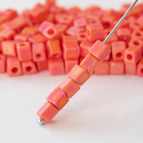 4mm Miyuki Cube Beads  - Opaque Vermillion Orange Matte - 20 grams