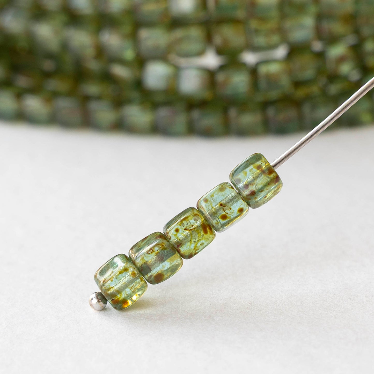 4mm Glass Cube Beads - Tea Green Picasso - 40 beads