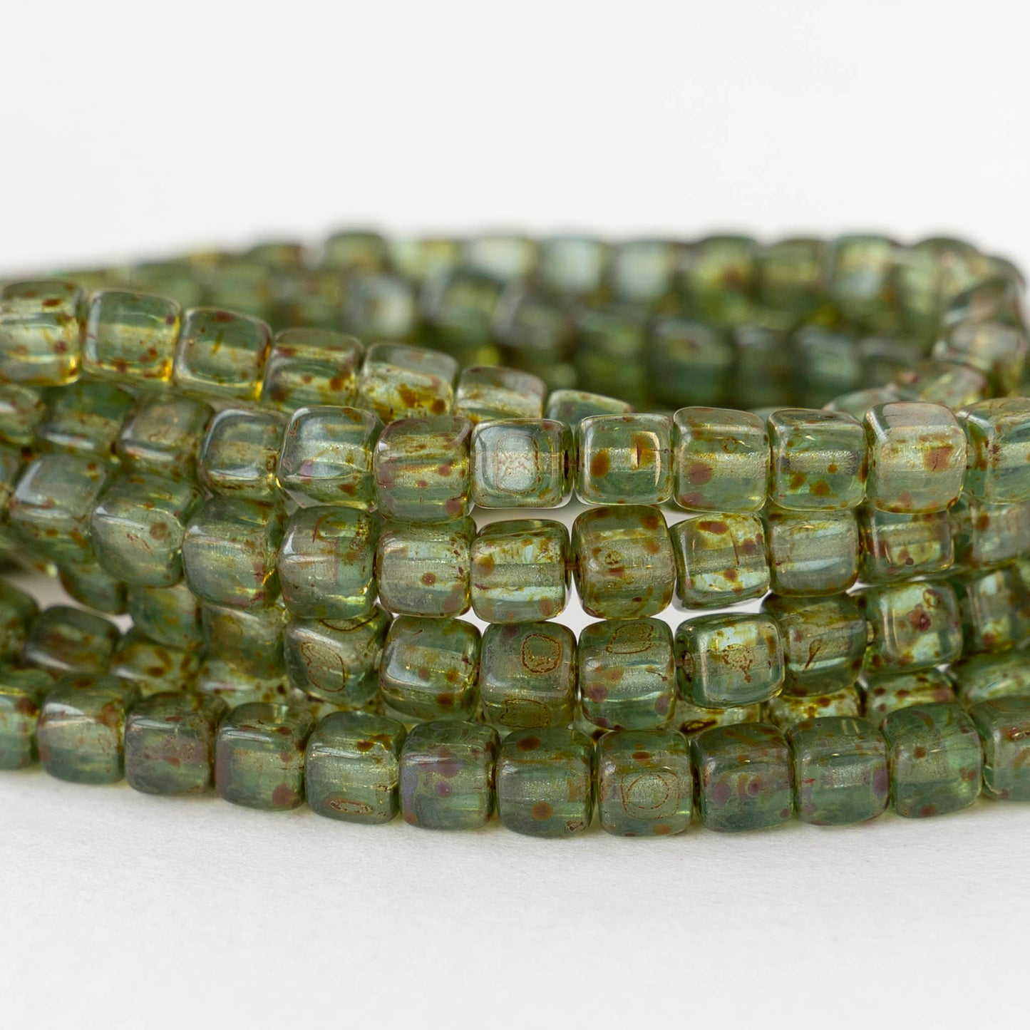 4mm Glass Cube Beads - Tea Green Picasso - 40 beads