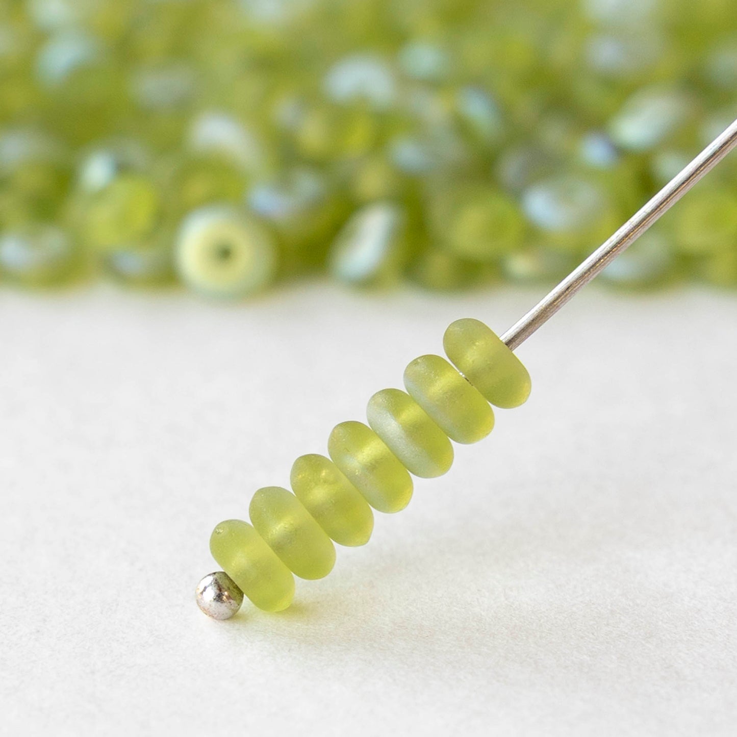 4mm Glass Rondelle Beads - Matte Green AB - 100 Beads