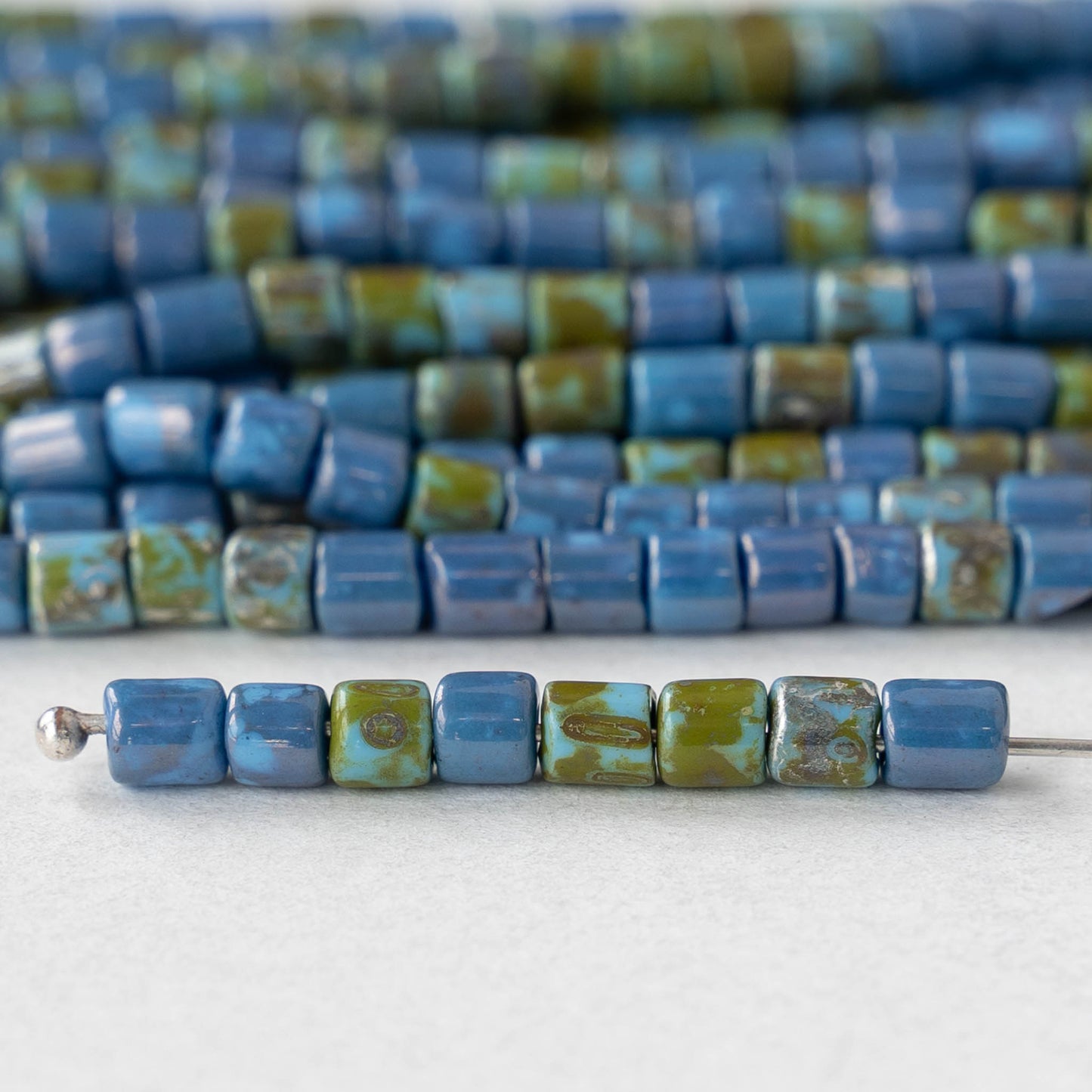 4x4mm Picasso Tube Beads - Blue Green Picasso Mix  - 20 inches