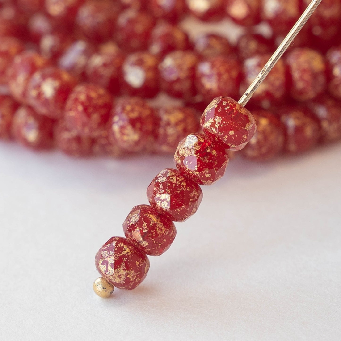 3x5mm Rondelle Beads - Opaque Red With Gold Dust - 30 Beads