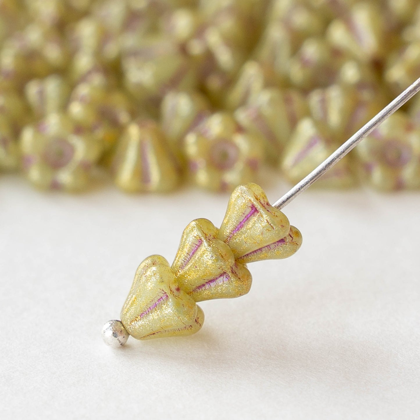 4x6mm Glass Flower Beads - Light Green Gold with Purple Wash - 30 or 60 beads