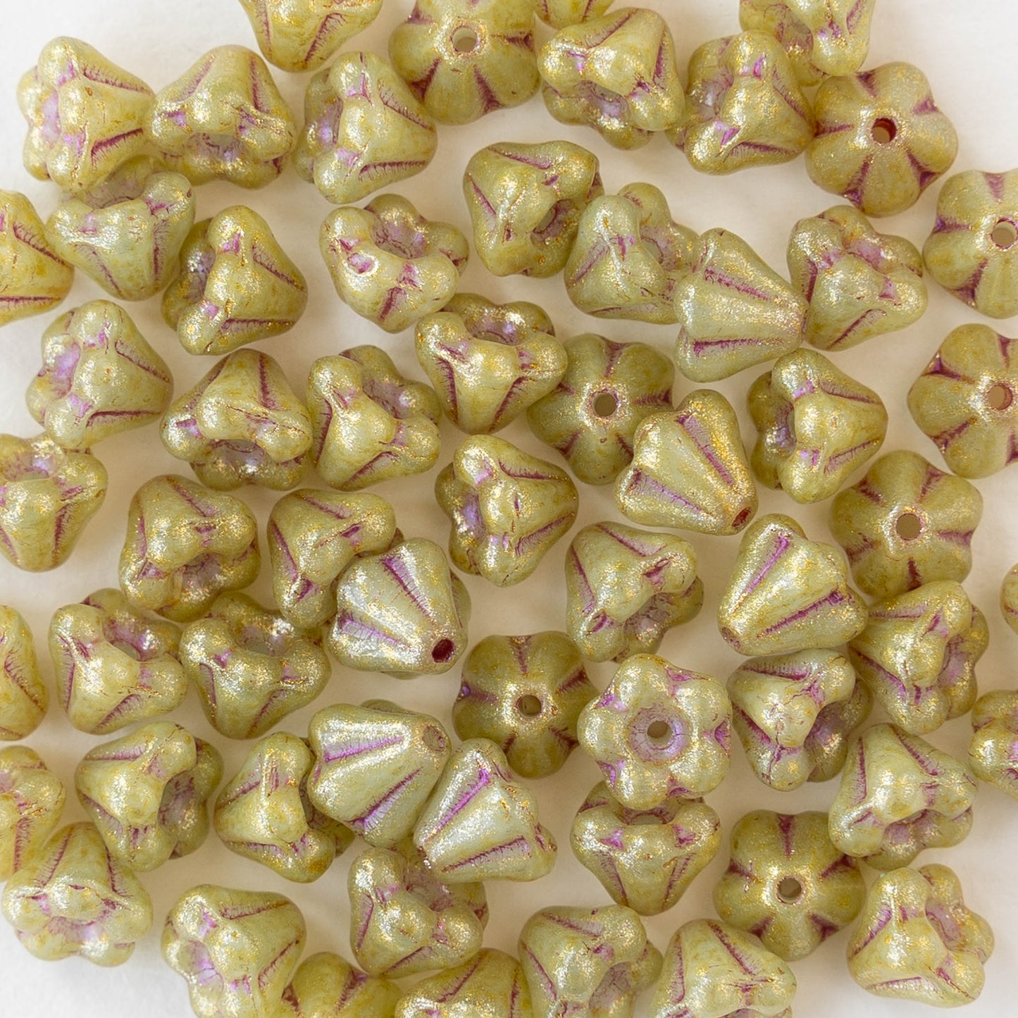 4x6mm Glass Flower Beads - Light Green Gold with Purple Wash - 30 or 60 beads