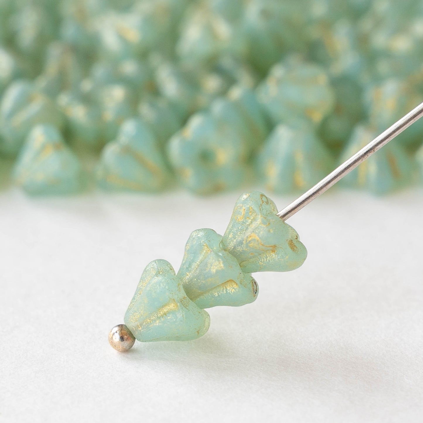 4x6mm Glass Flower Beads - Sage Green with Gold Wash - 30 or 60 beads