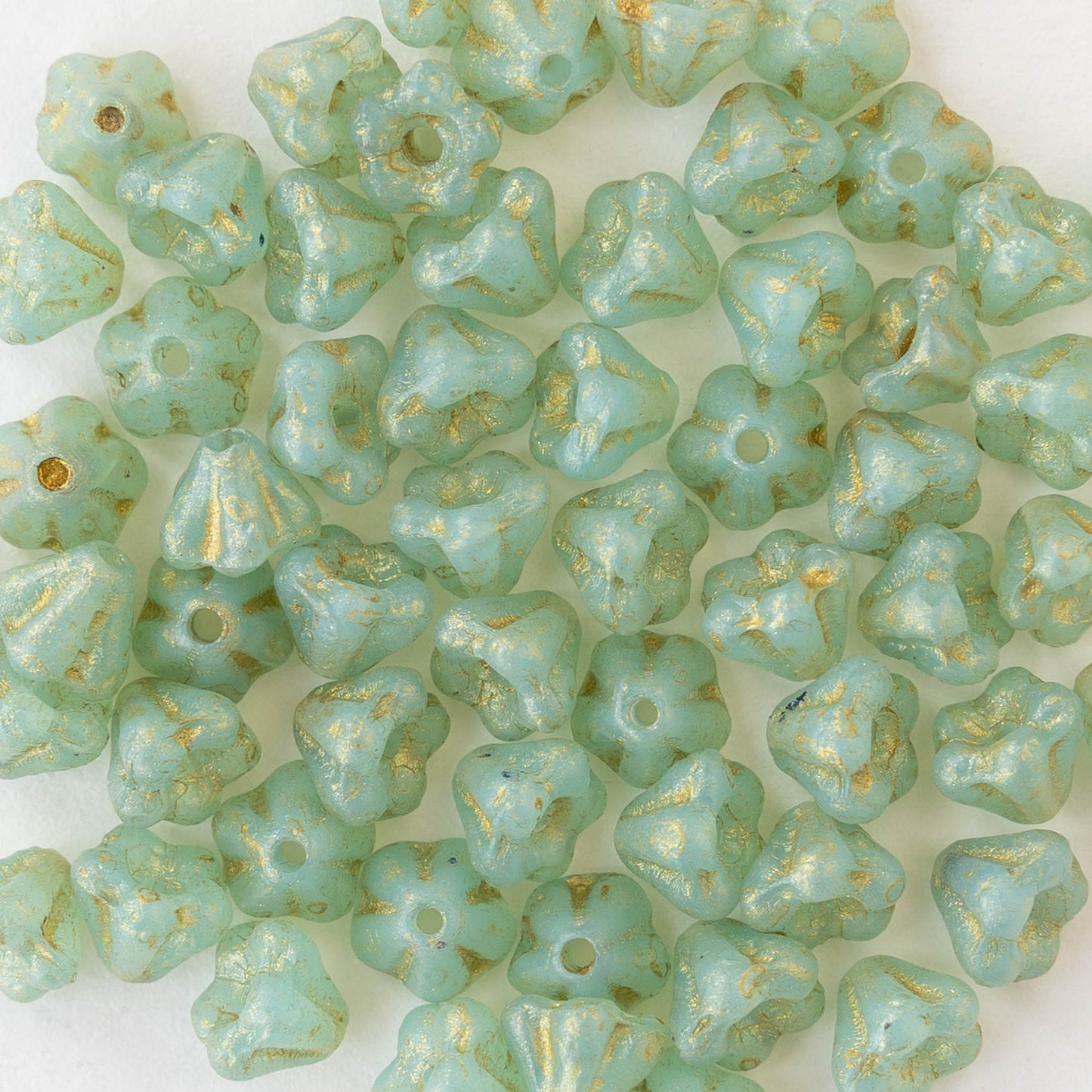 4x6mm Glass Flower Beads - Sage Green with Gold Wash - 30 or 60 beads