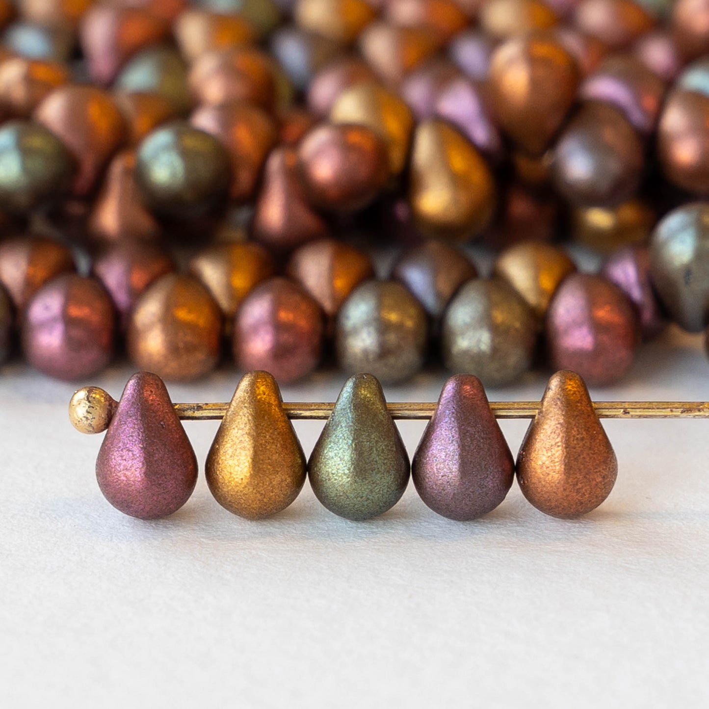 4x6mm Glass Teardrop Beads -  Metallic Matte Gold Pink Iris - 100 Beads