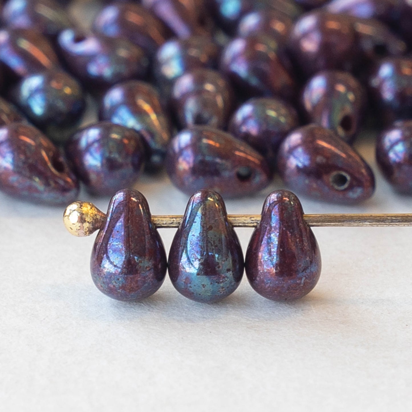 4x6mm Glass Teardrop Beads -  Deep Purple with a Blue Shine- 100 Beads