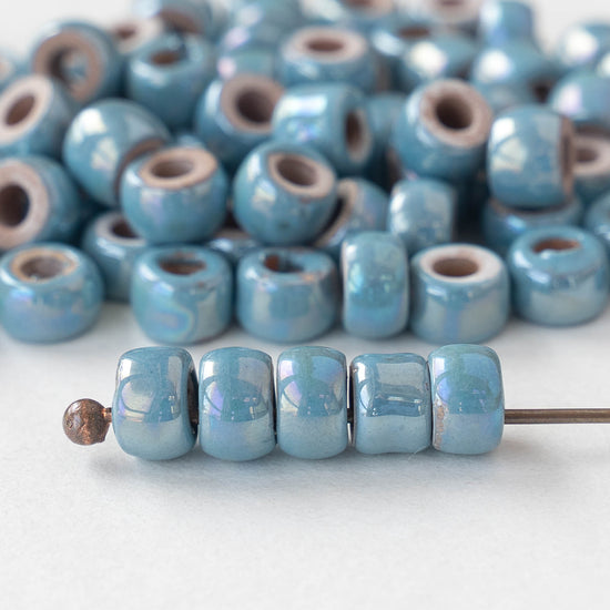 4x6mm Glazed Ceramic Tube Beads - Iridescent Light Blue - 10 or 30