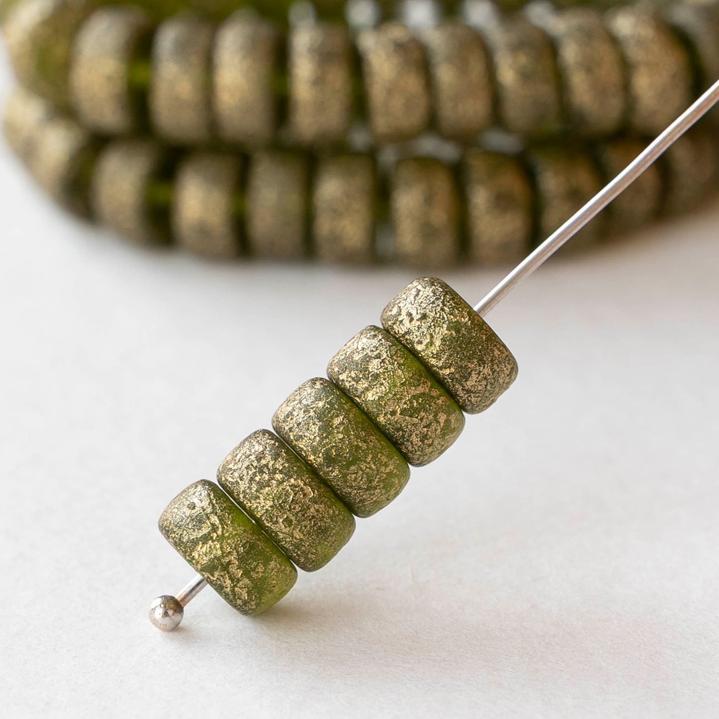 4x8mm Glass Heishi Beads - Etched Peridot Gold - 10 or 20 beads