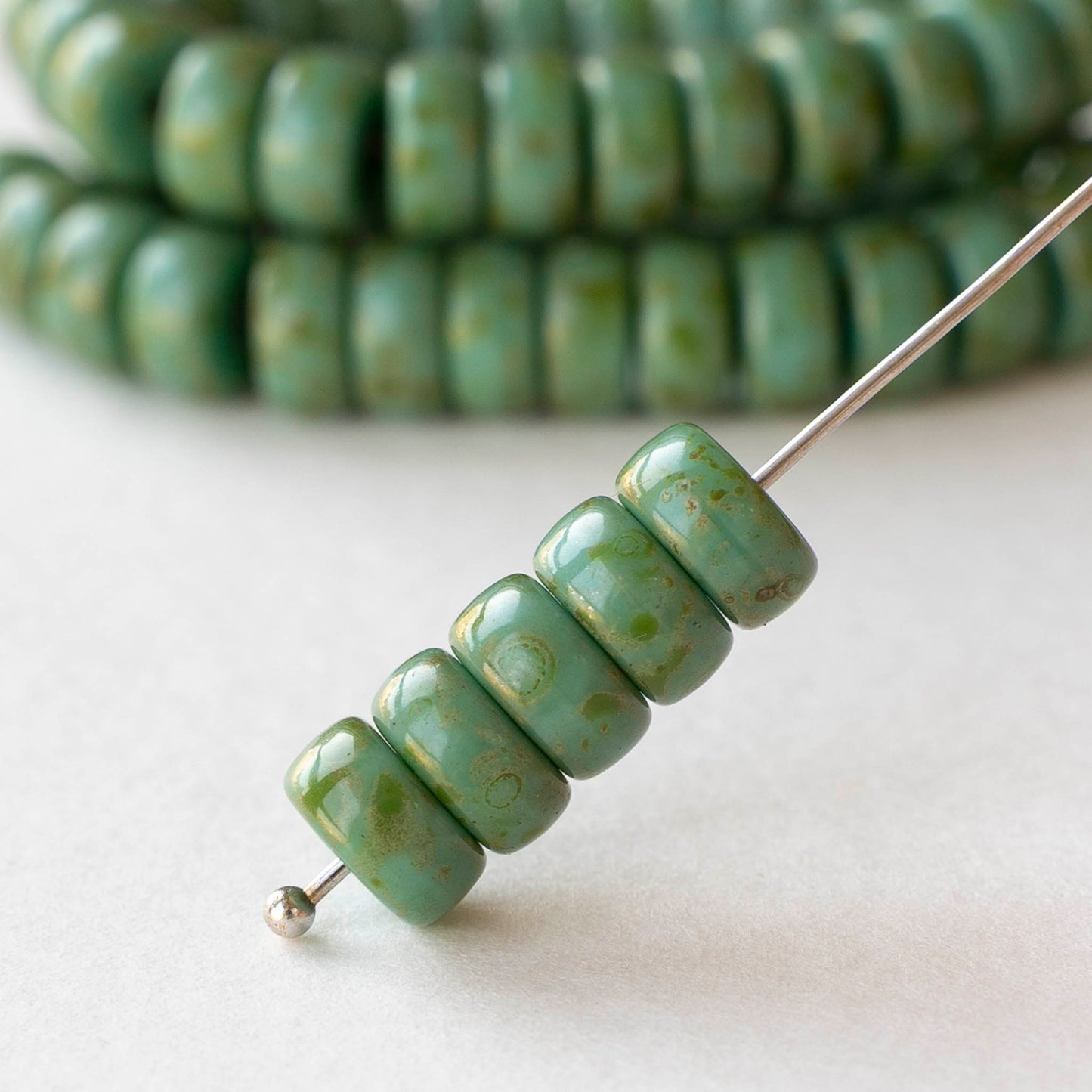 4x8mm Glass Heishi Beads - Opaque Green Turquoise Picasso - 10 or 20 beads