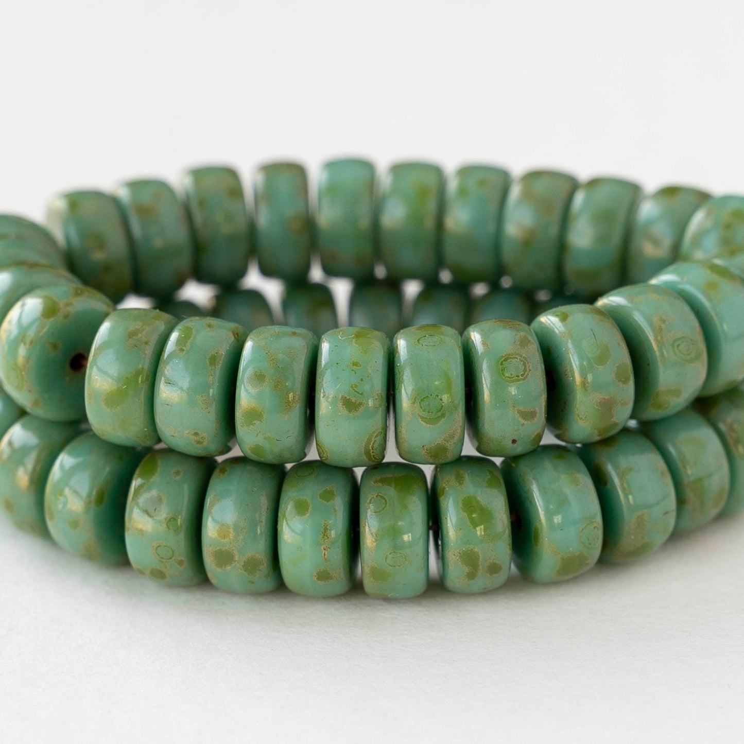 4x8mm Glass Heishi Beads - Opaque Green Turquoise Picasso - 10 or 20 beads