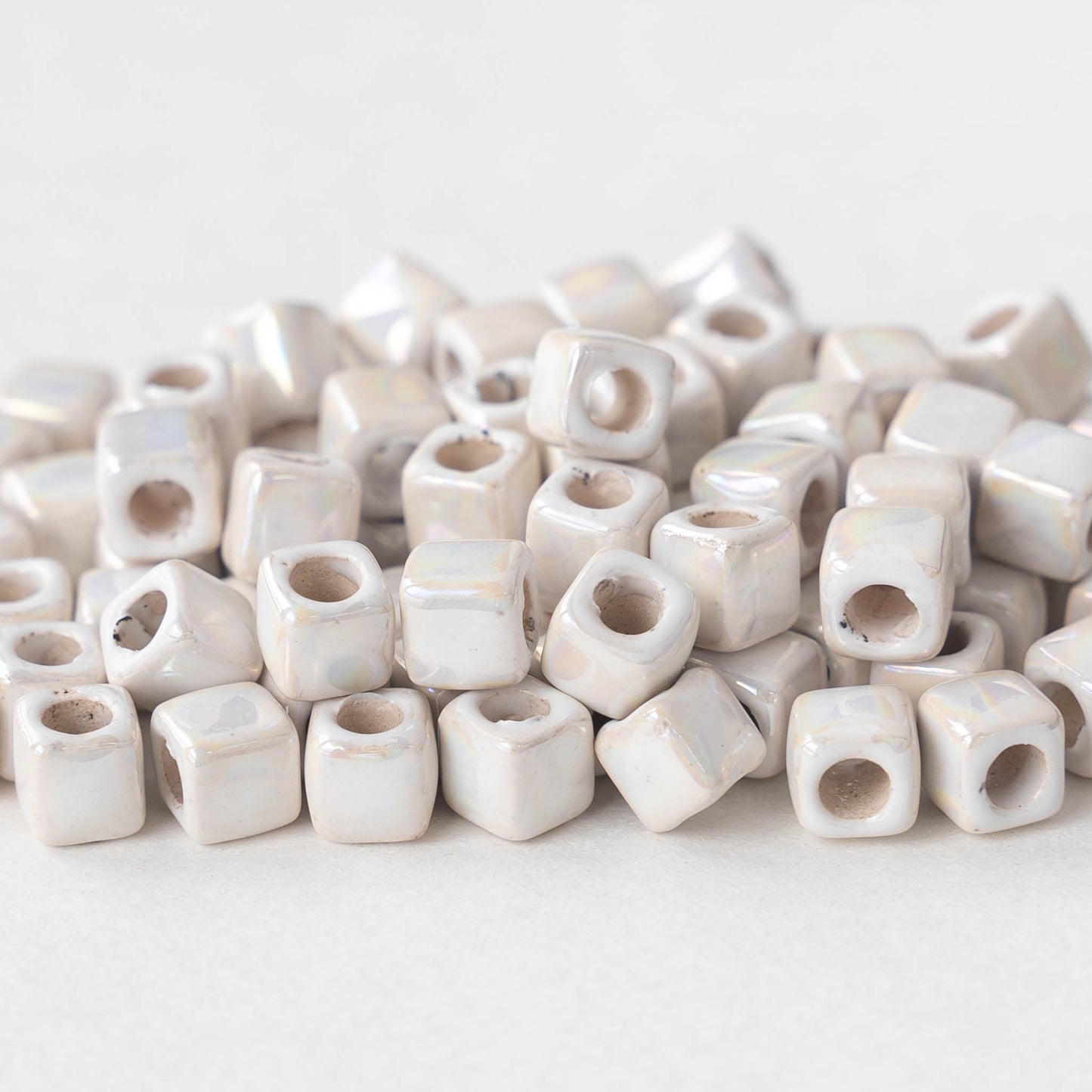 5.5mm Ceramic Cube Beads - Iridescent Ivory Opal Luster - 10 or 30 beads