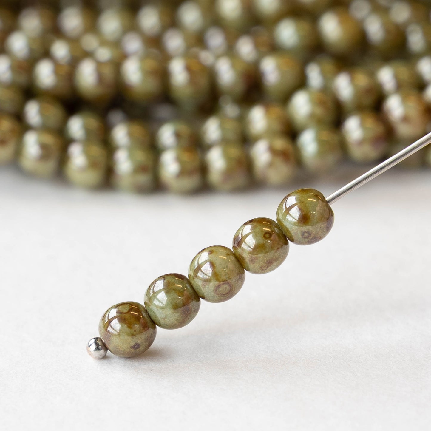 5mm Round Glass Beads - Green Picasso Luster - 50 Beads