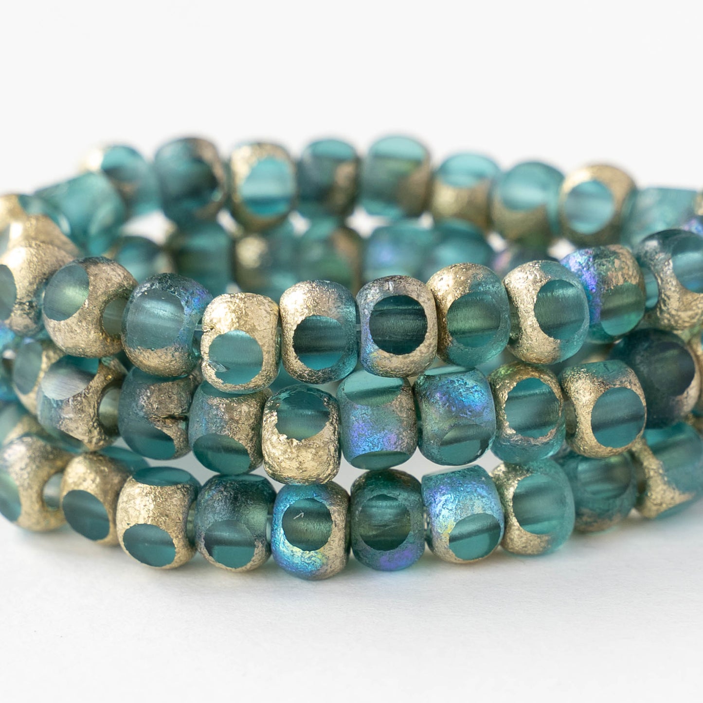 5mm Cut Round Beads - Etched Teal Gold AB - 25 beads