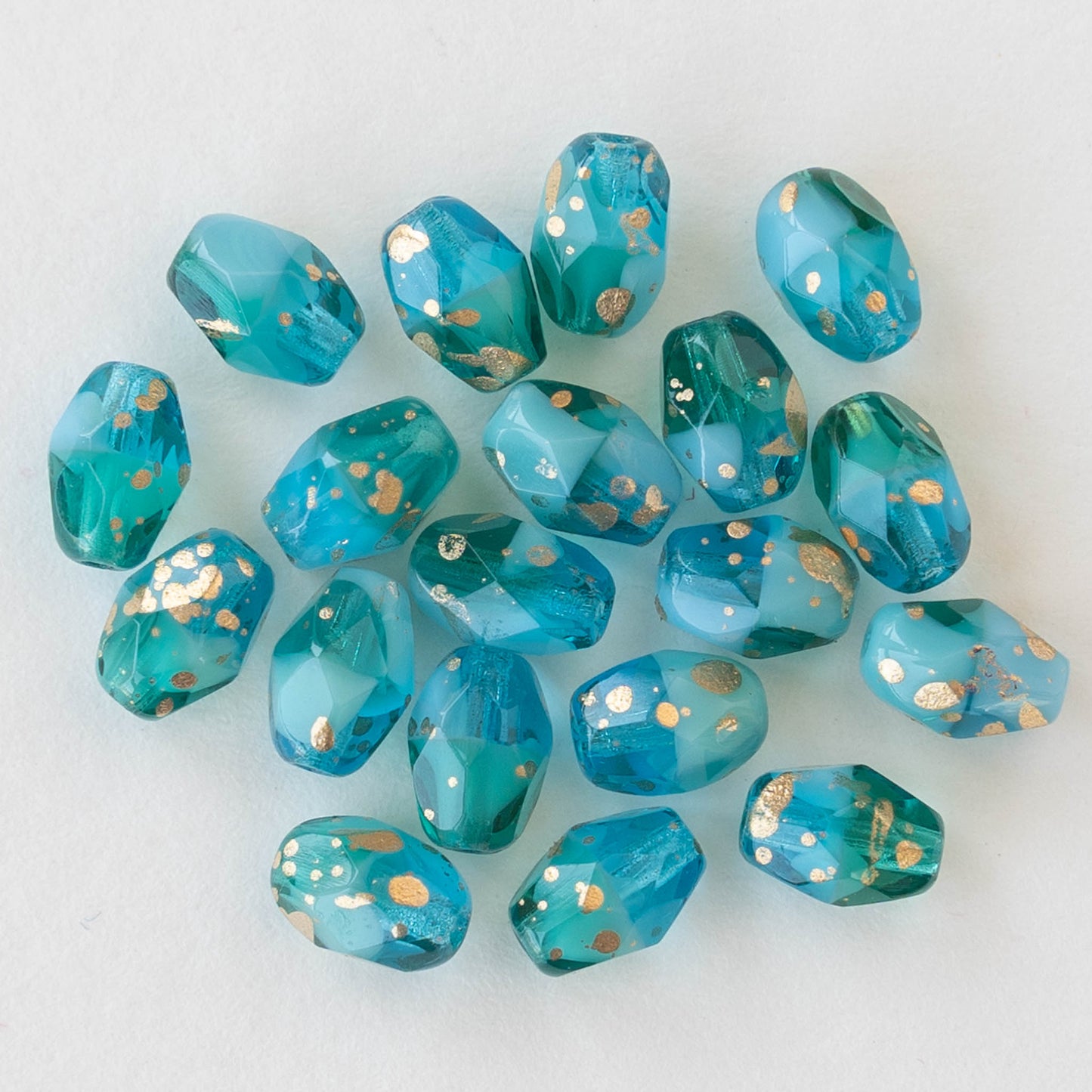 5x7mm Oval Beads - Aqua and Teal with Gold Dust - 20 beads