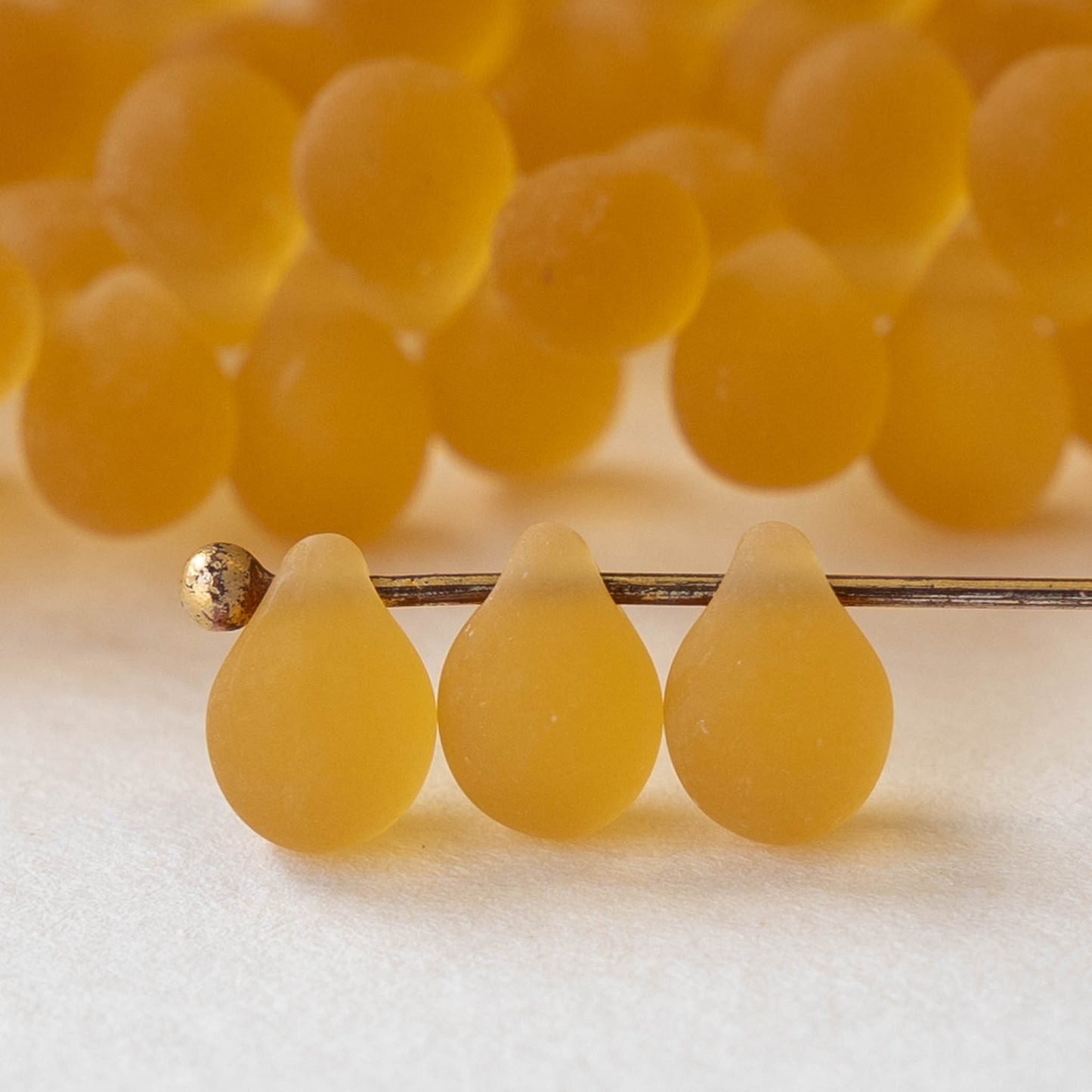 5x7mm Glass Teardrop Beads - Amber Matte - 50 Beads