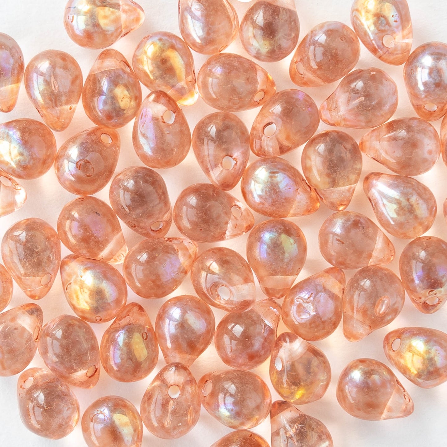 5x7mm Glass Teardrop Beads - Transparent Mottled Peach AB - 50 Beads