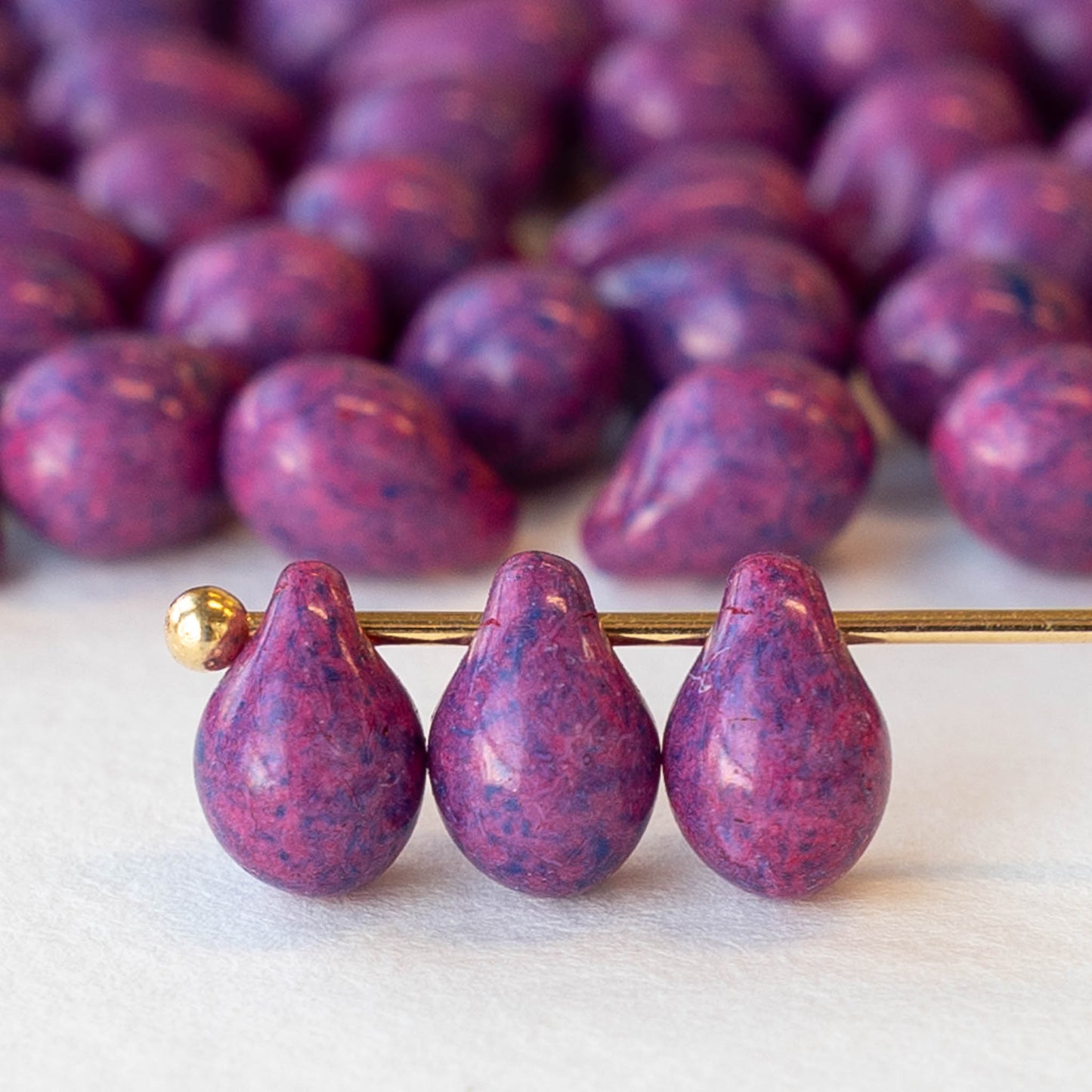 5x7mm Glass Teardrop Beads - Opaque Mottled Pink and Purple - 50 Beads
