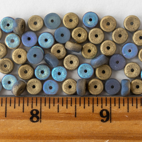 6mm Glass Heishi Beads - Etched Light Blue with Gold - 25 Beads