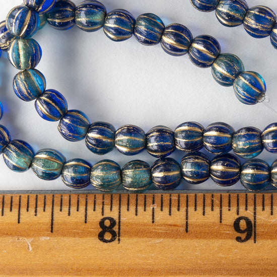 6mm Melon Beads - Sapphire and Sky Blue With Gold Wash - 50 Beads