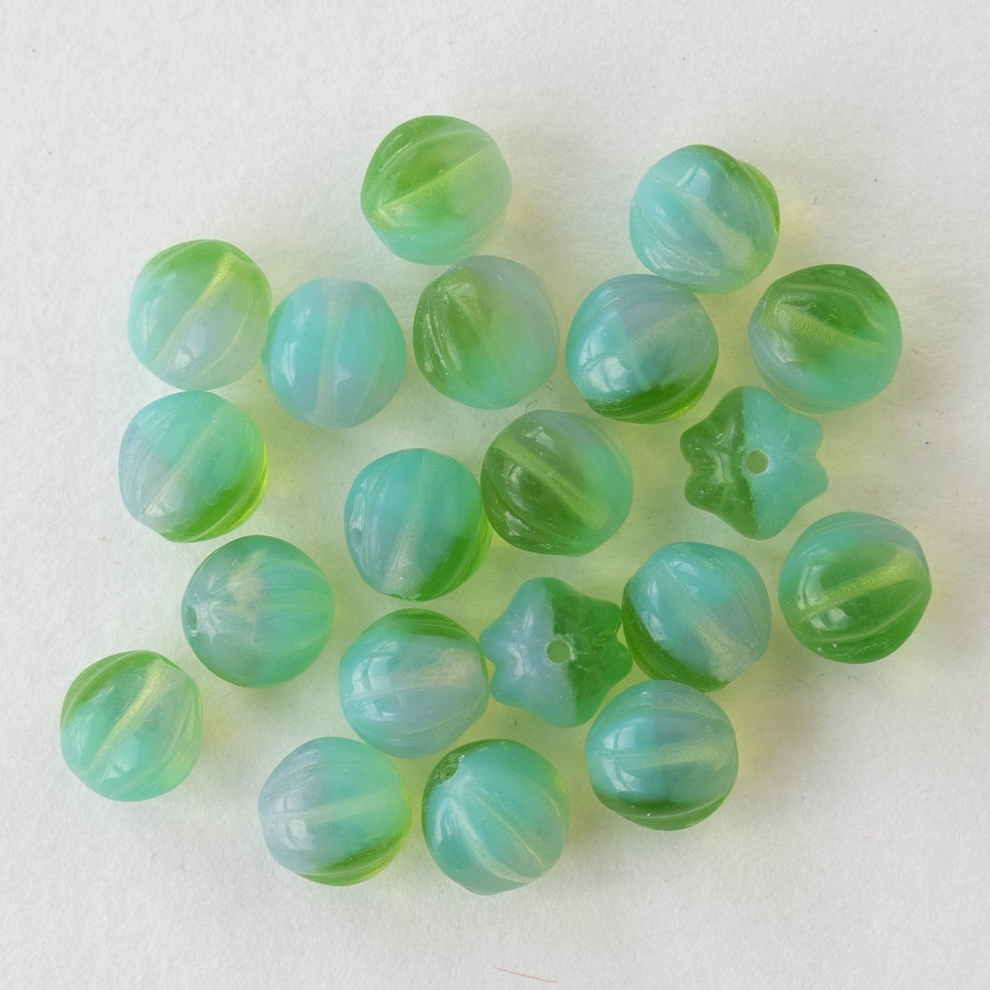 6mm Melon Beads - Aqua Peridot Marble - 20 Beads