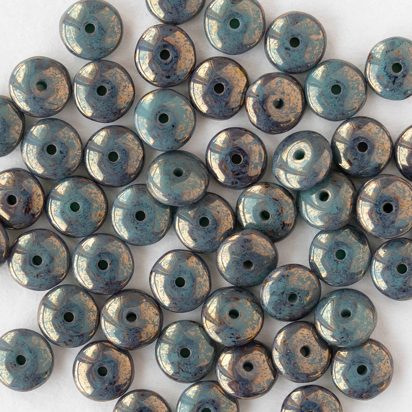 6mm Glass Rondelle Beads - Tiffany Green Gold Luster - 25 or 50 beads