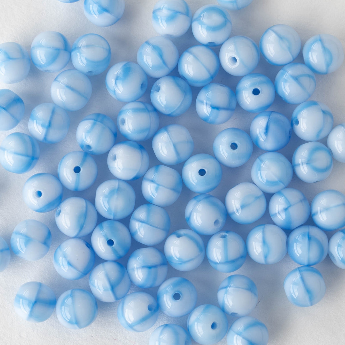 6mm Round Glass Beads - Lt Blue Marble - 50 Beads