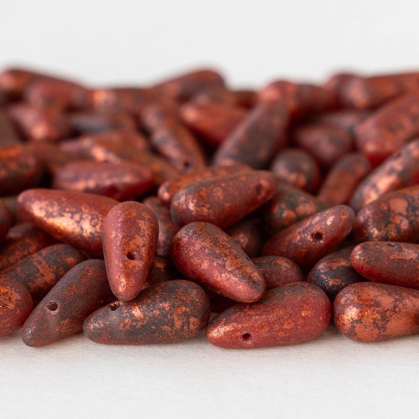 6x13mm Glass Teardrop Beads - Opaque Gray with Red Dust - 25 Beads