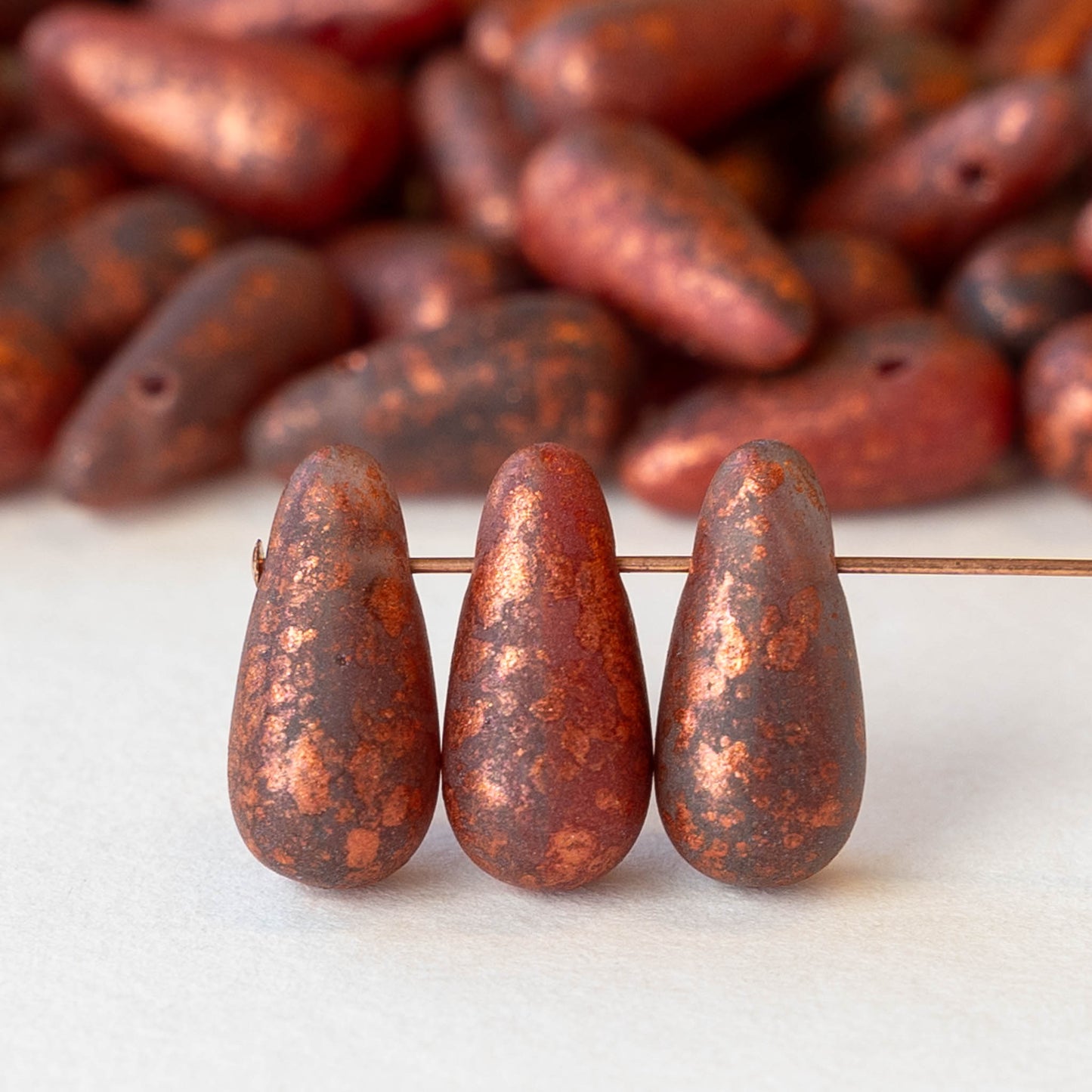 6x13mm Glass Teardrop Beads - Opaque Gray with Red Dust - 25 Beads