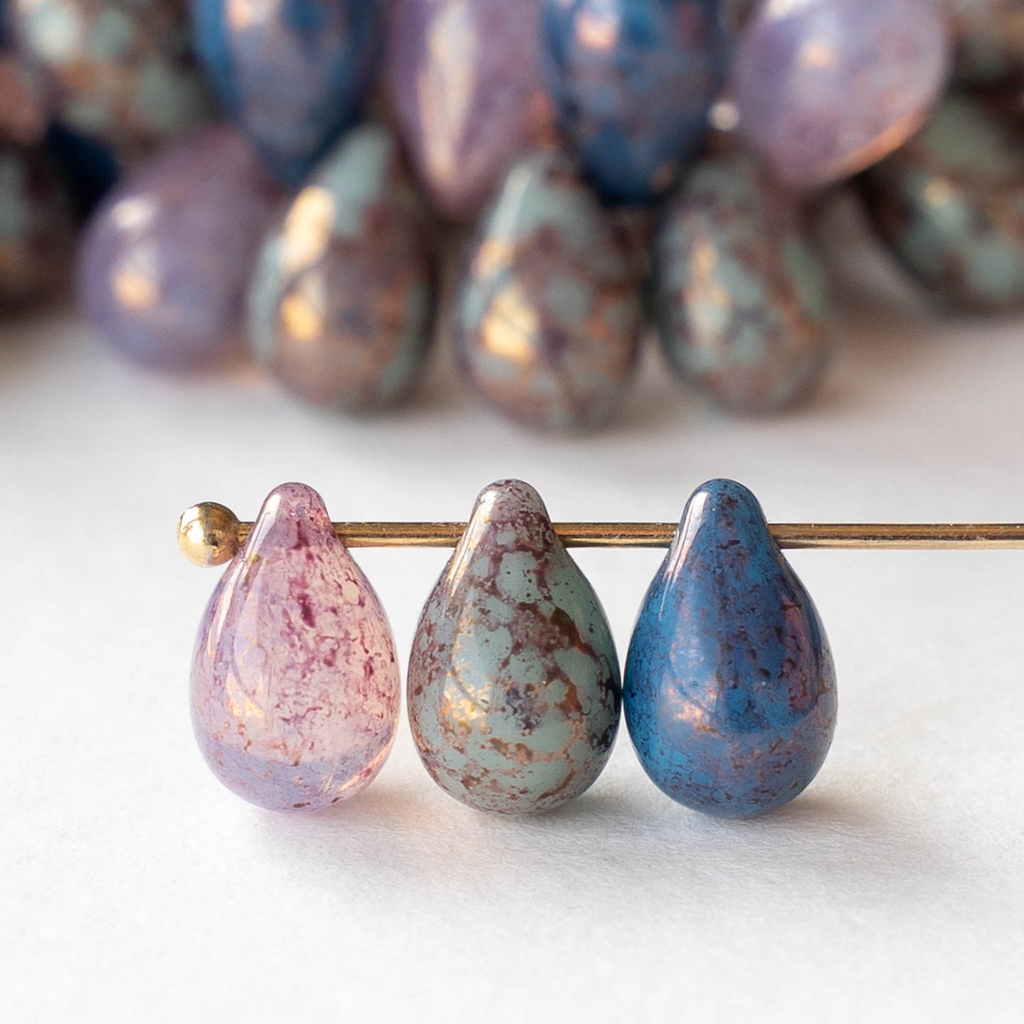6x9mm Glass Teardrop Beads - Blue Seafoam Pink Mix with Bronze - 25 Beads