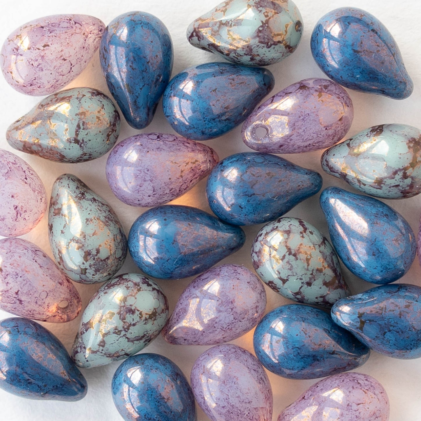 6x9mm Glass Teardrop Beads - Blue Seafoam Pink Mix with Bronze - 25 Beads