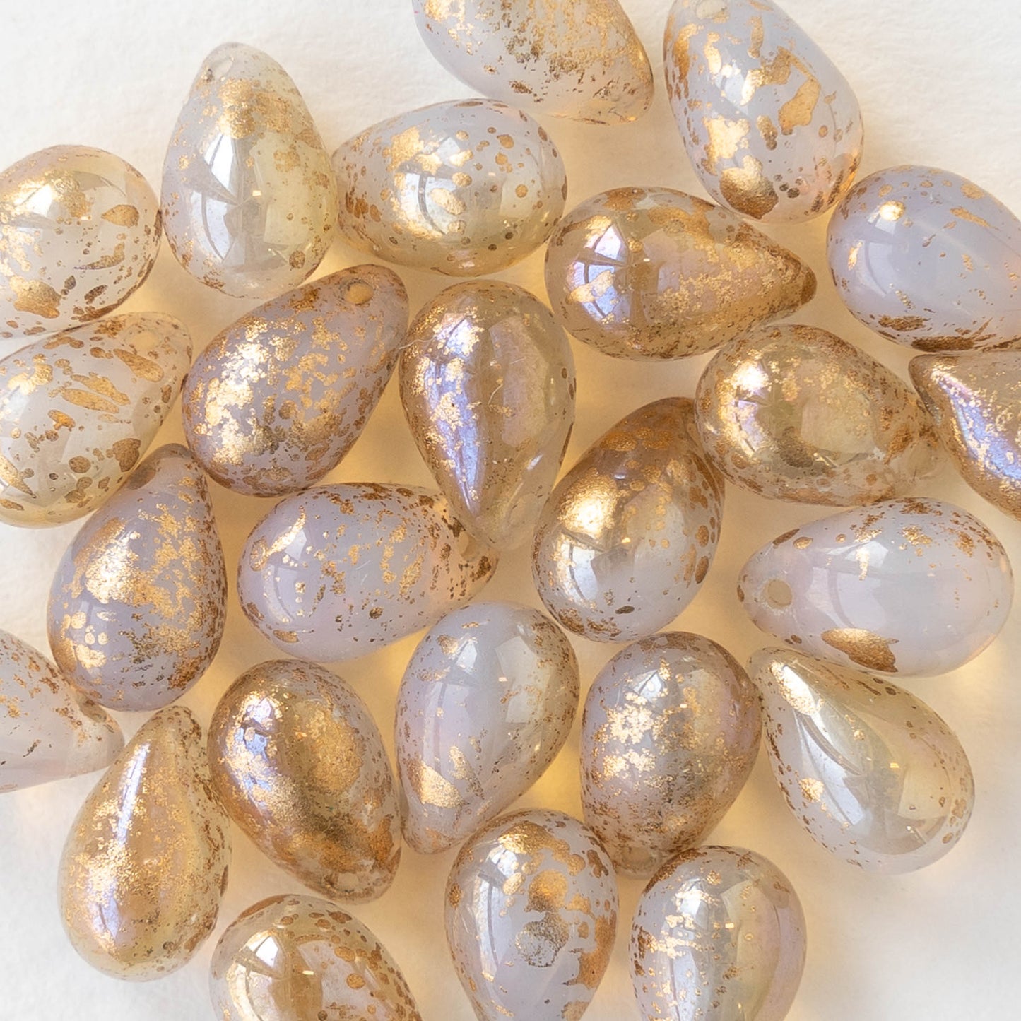 6x9mm Glass Teardrop - White Opaline with Gold Dust - 25 Beads