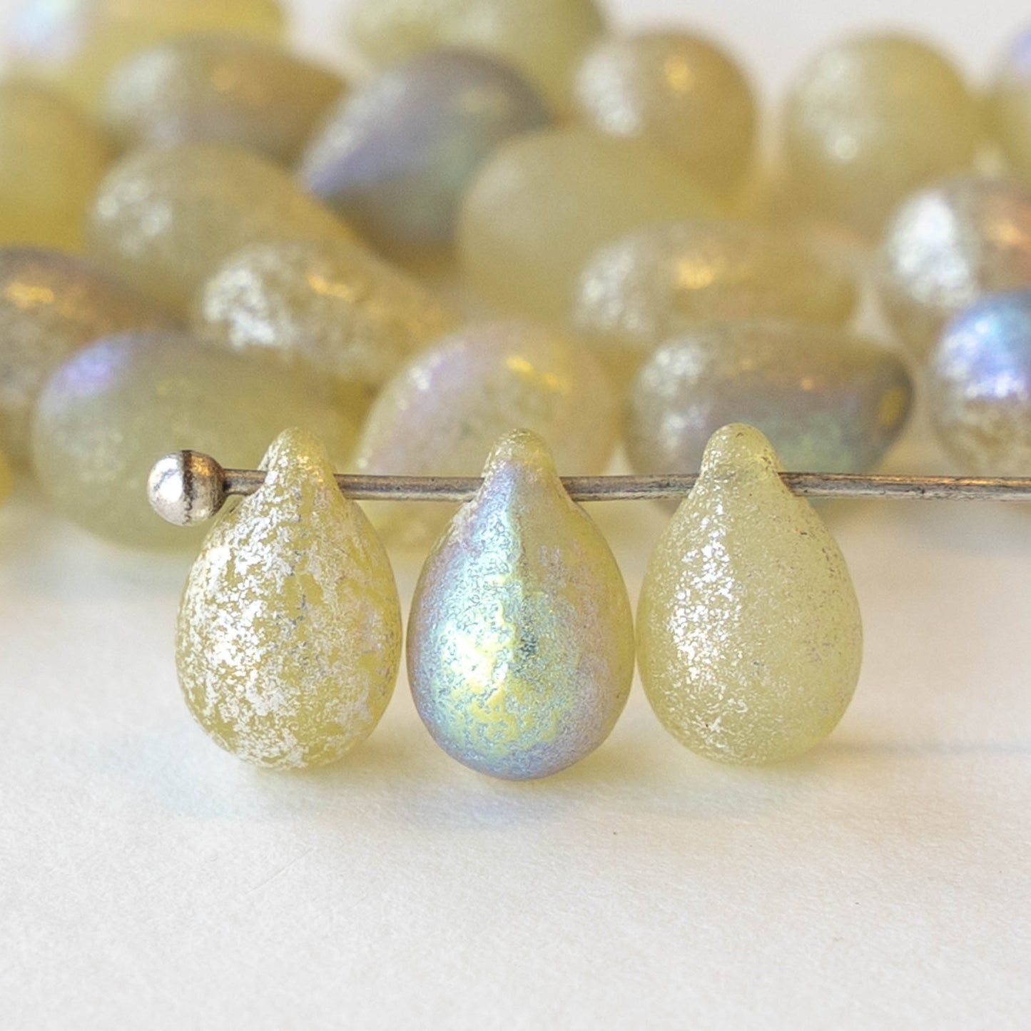 6x9mm Glass Teardrop Beads - Etched Ivory AB - 25 Beads